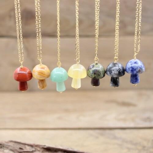 Reiki Healing Natural Stone Mushroom Chams Gold Chains,Crystal Quartz Gems Labradorite Pendants Necklace Women Jewelry,QC3105