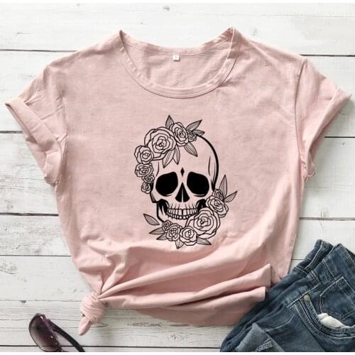 Skull With Flowers T-shirt Aesthetic Summer Boho Skeleton Graphic Tops Tees Funny Women Short Sleeve Tumblr Gothic Tshirt