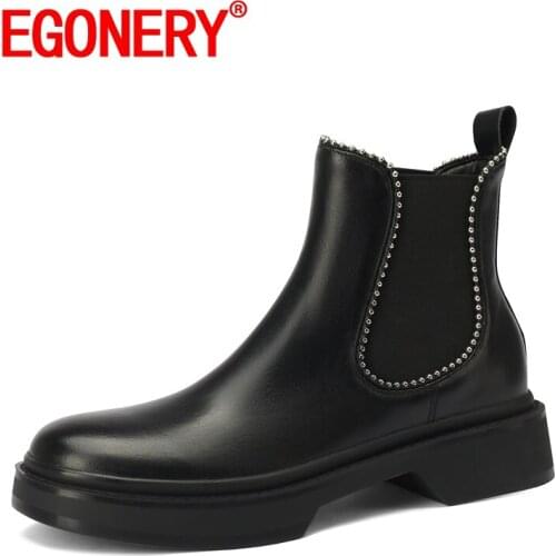 EGONERY Women winter New Style Genuine Leather Flat bottom short boots Concise Comfortable Leisure Round Toe Metal decoration
