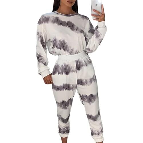 Womens Tie-dye Sports Suit Fashion Casual Long Sleeve Top and Pants 2-piece Set Home Wear