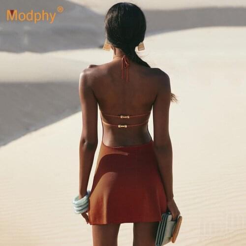 Free Shipping Women Bandage Dress Brown Sexy Halter Neck Backless Bodycon Mini A-line Dresses Club Party Vestidos 2021 New