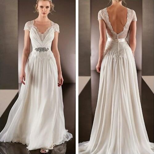 Vestido De Noiva Sexy V-Neck Backless robe de mariee Chiffon bridal Gown Floor Length Sweep Train Vintage bridesmaid dresses