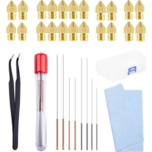 3D Printer Extruder Nozzles for MK8 0.2/0.3/0.4/0.5/0.6/ 0.8/1.0mm with Tweezer Cloth Cleaning Needle for Makerbot CR-10