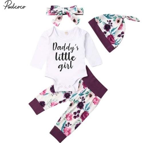 2019 Baby Spring Autumn Clothing 4pcs Newborn Infant Baby Girls Romper Long Sleeve Tops+Pants+Hat+Headband 4Pcs Kid Clothes Sets