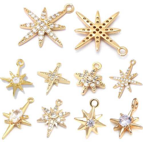 39100)6PCS 24K Gold Color Brass and Zircon Star Charms Pendants High Quality Jewelry Making Supplies Diy Findings Accessories