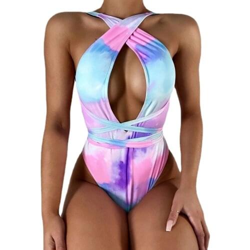 Bandage Swimwear Women One Piece Swimsuit Female 2021 Sexy Halter Backless Monokini Printed Bathing Suits Summer Beach Wear Swim