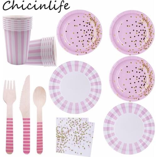 Chicinlife Stripe Dot Paper Plates Cups Napkins Knife Fork Spoon Disposable Tableware Wedding Birthday Party Cutlery Supplies