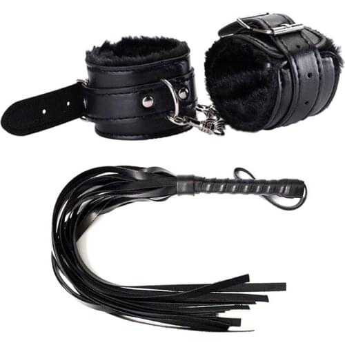 Hot sale Adjustable PU Leather Plush Handcuffs and Leather Whip women Restraints BDSM Bondage Sex adult Toy Exotic Accessories
