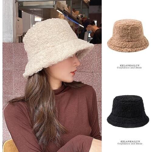 Korean Style Lambswool Warm Women Girls Bucket Hats Fishing Hat Winter Autumn Flat Girls Fashion Thick Out-door Headwear Caps