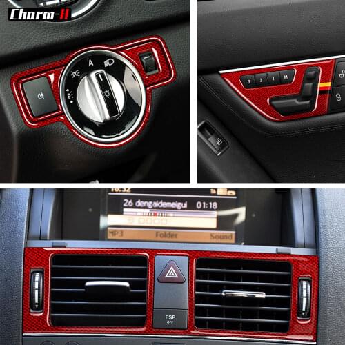 Red Carbon Fiber Car Interior Dashboard Air Vent Outlet Window Lift Panel Cover Trim Sticker For Mercedes Benz W204 2007-2013