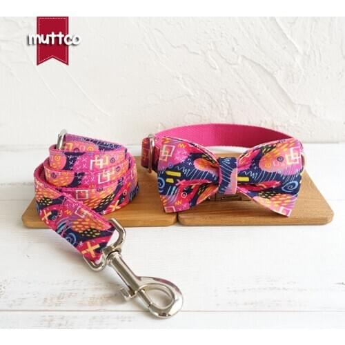 MUTTCO unique design fashionable bow tie handmade dog collar THE PINK GRAFFITI dog collar and leash set bowknot 5 sizes UDC063