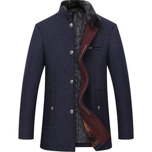 Middle aged mens coat tweed winter jacket fur collar stand collar Plush thickened coat dad coat men long overcoat men