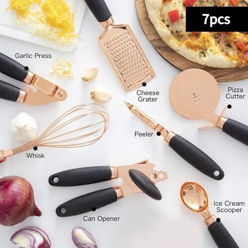 7 Pc Kitchen Gadget Set Copper Coated Stainless Steel Utensils With Soft Contact Black Handles Kitchen Gadget Set Household Tool