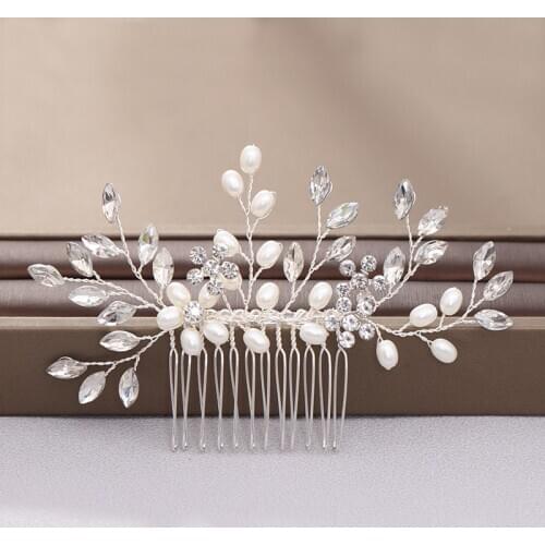 FORSEVEN New Design Shining Crystal Simulated Pearls Flower Leaves Hair Combs Head Jewelry for Bridal Bride Wedding Party