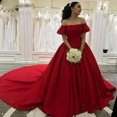 Festival Red Strapless Off Shoulder Wedding Dresses A Line short sleeve Long Satin Court Train Bridal Wedding Gowns Formal Dress