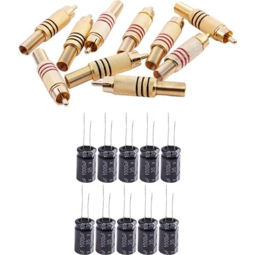 Retail 10 Pcs 1000UF 35V Radial Aluminum Electrolytic Capacitors 13mm x 21 mm & 10Pcs Gold Tone Male RCA Plug Audio Connector Me