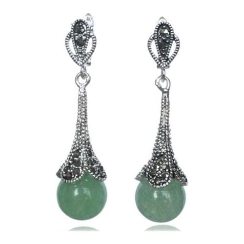 RARE 925 STERLING SILVER NATURAL GREEN stone BEADS MARCASITE EARRINGS 14/5"