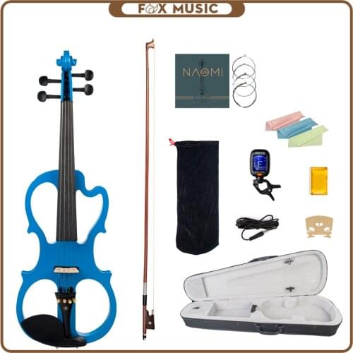 Blue Full Size 4/4 Solid Wood Metallic Electronic/Silent Violin w/ Ebony Fittings Carrying Case+Rosin+Violin String+Maple Bridge