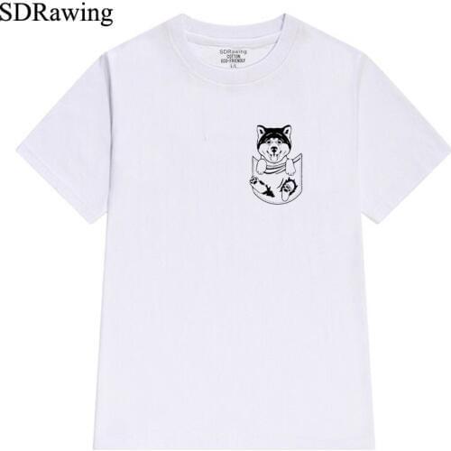 Funny Akita dog pocket print cotton T shirt for dog lover women Funny Tee summer tops Hipster Tumblr Cozy tops drop shipping