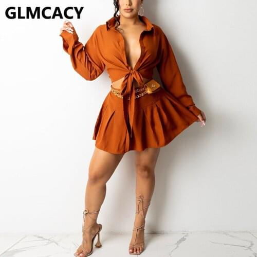 Women Two Piece Elegant Dress Suits Long Sleeve Button Up Shirt & Pleated Mini Skirt Set