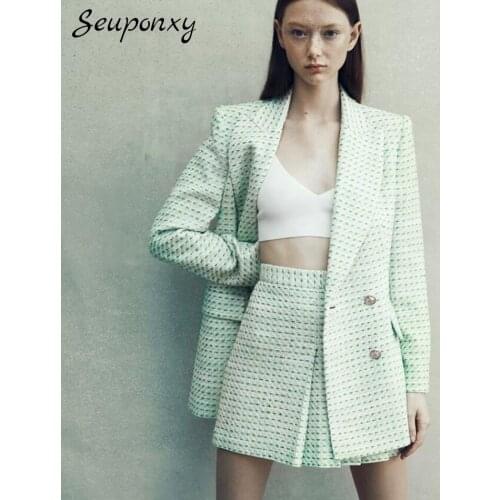 High Quality Office Fashion WomenS 2 Two-Piece Set 2021 Spring Sexy Lapel Long-Sleeved Jacket + Pleated Skirt Casual Set