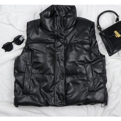 Winter Sleeveless Vest Women Leather Waistcoat Casual Warm Zipper Women Vest Jacket Vintage Stand Collar Coat Black Outerwear