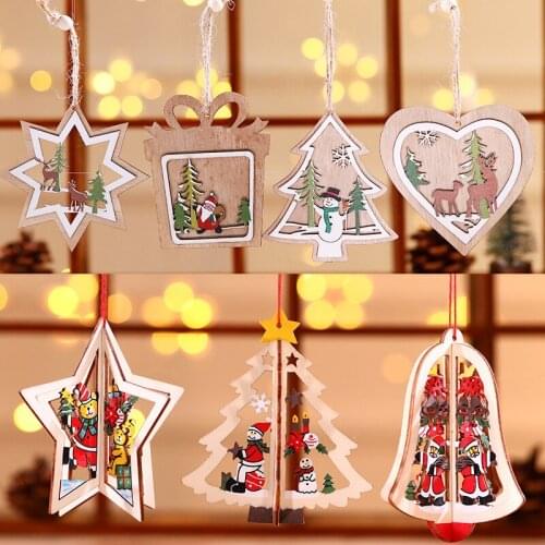 1PC 2D 3D Christmas Ornament Wooden Hanging Pendants Star Xmas Tree Bell Christmas Decorations For Home Party New Year Navidad