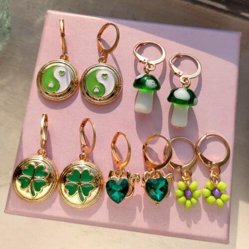 JUST FEEL 5Pair New Yin Yang Flowers Beads Drop Earrings Set for Women Acrylic Mushroom Heart Crystal Earrings Trendy Jewelry