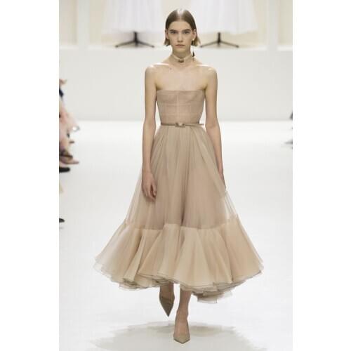 Champagne Ankle Length Tulle Prom Dresses 2021 Strapless Formal Evening Party Dress vestidos de gala