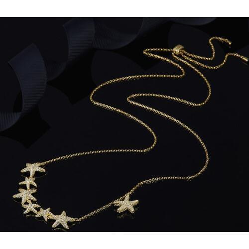 SLJELY Fashion Real 925 Sterling Silver Yellow Gold Color Multi Starfish Pendant Necklace Cubic Zirconia Stones Women Jewelry