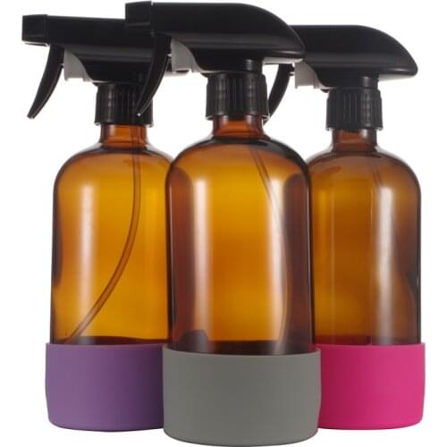 2 Pack Reusable Empty 500ml Amber Clear Glass Spray Bottle Silicone Sleeve 16 OZ Refillable Container With Black Trigger Sprayer