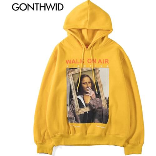 GONTHWID Funny Mona Lisa Smoking Print Fleece Hoodies Pullover Hooded Sweatshirts Harajuku Hip Hop Streetwear Hoodie Casual Tops