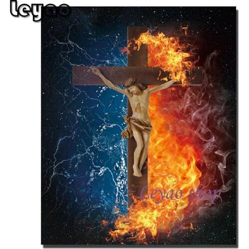 5D Diamond Painting Religious Jesus Half Water And Flame Cross Stitch Embroidery Art Mosaic Full Square Drill Mosaic Home Decor