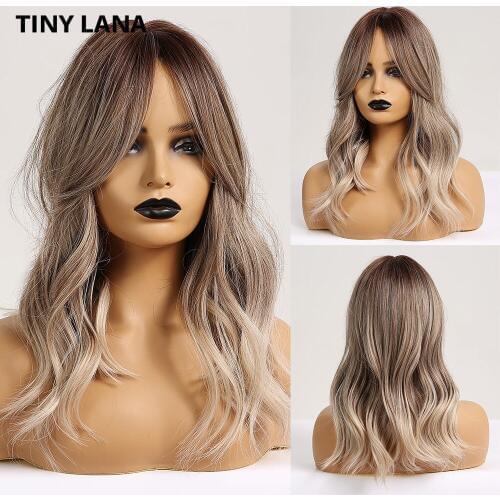 TINY LANA Synthetic Hair Wigs Ombre Brown Light Ash Blonde Medium Wave Wig for Black Women Heat Resistant Fiber Daily False Hair