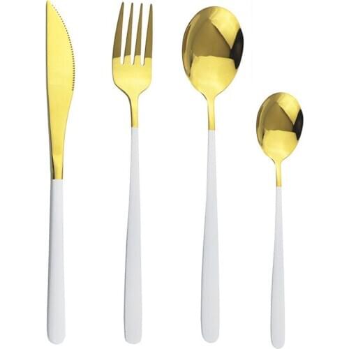 White Gold Tableware Set Stainless Steel Dinnerware Set Korean Food Knife Fork Spoon Cutlery Set Portable Camping Chopsticks