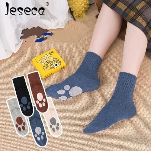 Jeseca New Cute Women Long Tube Socks Thicken Soft Warm Winter Underwear Kawaii Bear Paw Cotton Breathable Female Home Socks