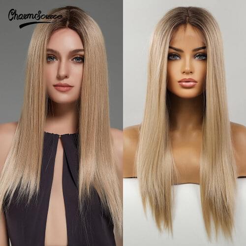 CharmSource Lace Front Wigs Long Straight Hair Brown Ombre Blonde Daily Party Wig for Black White Women Synthetic Heat Resistant