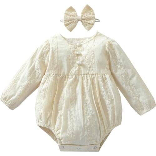 Baby Girl’s Casual Long Sleeve Romper Bodysuit Fashion Solid Color Jacquard Jumpsuits and Headband