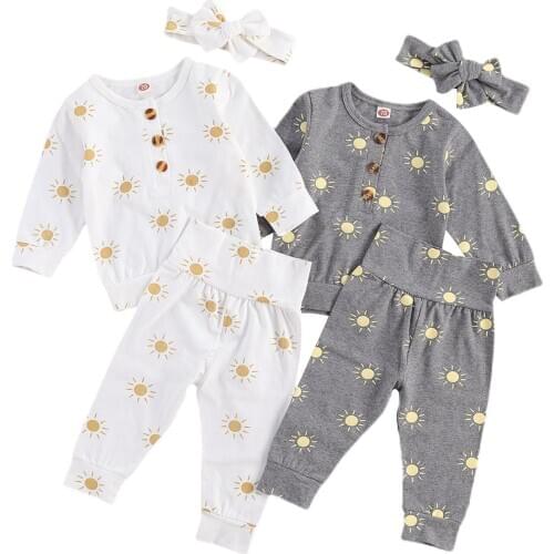 Pudcoco Toddler Casual Cozy Soft Outfit Long Sleeves + Long Pants Little Sun Print Single Breasted Design Spring Clothing 0-18M