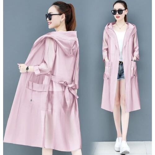 Spring Autumn Mid-length Sun Protection Trench Coat Women 2021 New Korean Fashion Loose Hooded Windbreaker Overcoat Tops Female