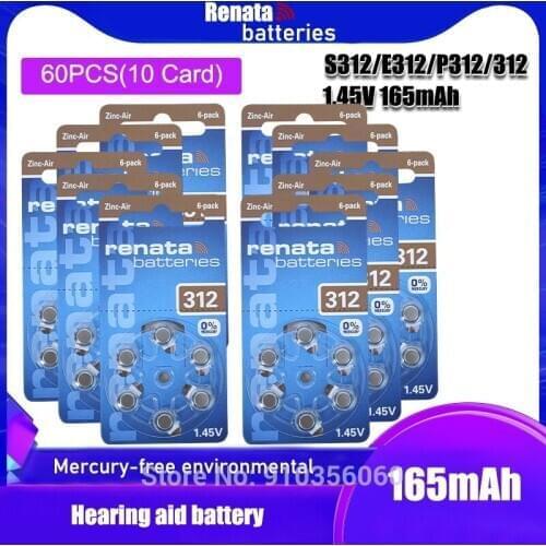 10pack(60PCS) 100% Original RENATA 312 P312 PR41 1.45V Advanced Hearing Aid Batteries CIC Ear Care Button Cell Battery