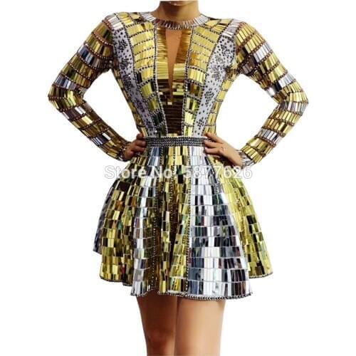Party gold dresses Rhinestones Backless Dress DJ Singer Dancer Stage Wear Dance Team Mirrors Costume