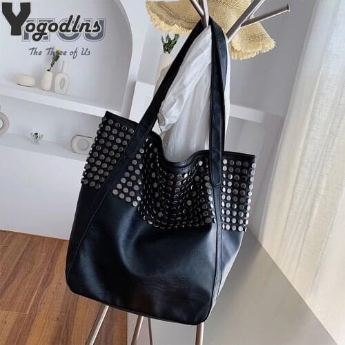 Vintage Rivet Large Capacity PU Leather Women Shoulder Bag Casual Female Shopping Totes Bag Simple Fashion Travel Handbag Purse