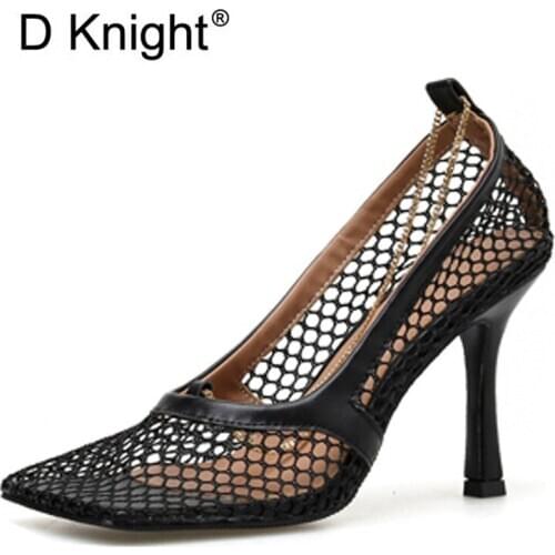 Sexy Chain Decoration Women Pumps Shoes Summer Mesh High Heels Stiletto Party Shoes Women Square Toe Sandal Ladies Pumps Shoes