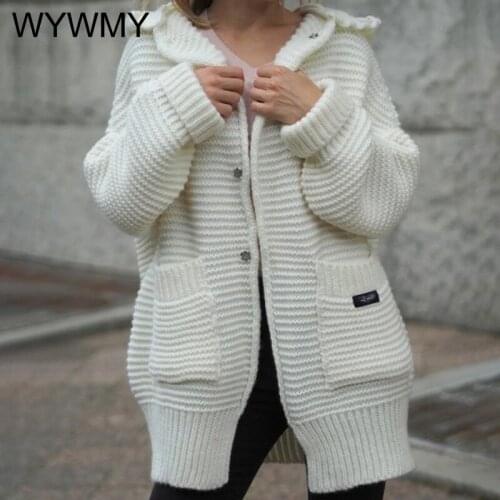 WYWMY Autumn Winter Knitted Cardigan Sweater Women Coat Thick Warm Medium Long Loose Sweater Female Casual Hooded Jacket Outwear