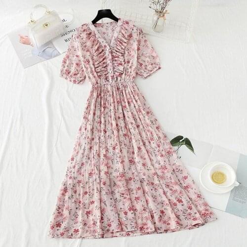2021New Sweet Summer Dress Elegant V-neck Floral Print Chiffon Pleated Dresses Women Short Sleeve A-line Long Dress
