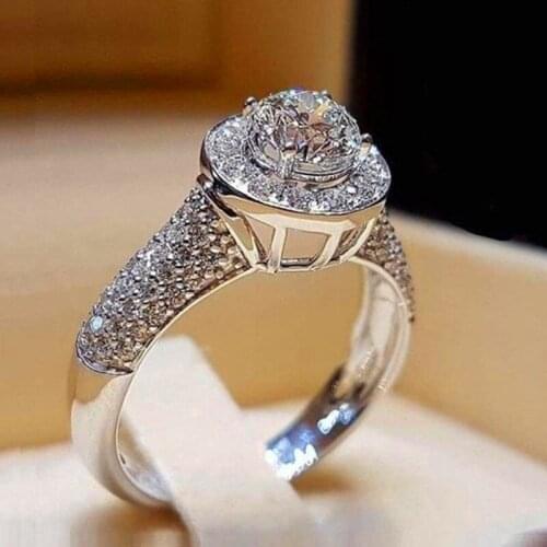 Charm Female White Zircon Stone Ring Classic Silver Color Engagement Ring Luxury Bride Crystal Round Wedding Rings For Women