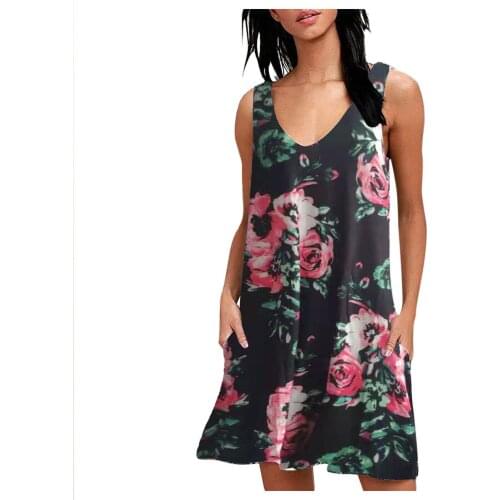 Summer Vintage Flowers Printing Short Dress Women Casual Sleeveless Beach Dresses Harajuku Pockets V-Neck Sundress Vestidos