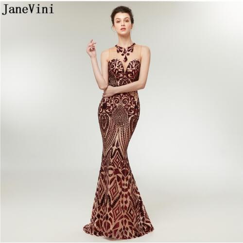 JaneVini Bling Sequined Long Bridesmaid Dresses Plus Size Sexy Mermaid O Neck Sheer Back Women Wedding Party Dress Floor Length