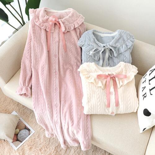 Winter Sleepwear Lovely Nighty Dress Thicken Warm Pajamas Coral Fleece Flannel Nightgown Long Sleeve Home Bathrobe For Women M L